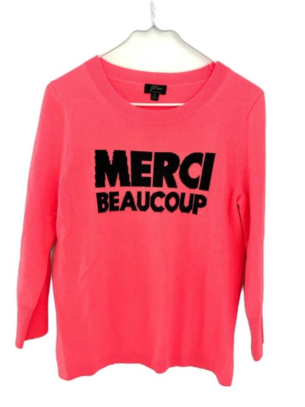 J.Crew Everyday Cashmere Crewneck Sweater With "Merci Beaucoup" Size M Neon Pink